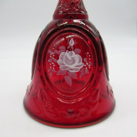 VTG Fenton Red Amberina Bell White Roses Hand Painted signed Frida - Picture 2 of 13